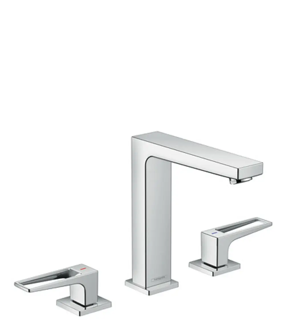 Waschtischarmatur mit drei Lochmontage und Bügelgriffen in Chrom von Hansgrohe, inklusive Push-Open Ablaufgarnitur.